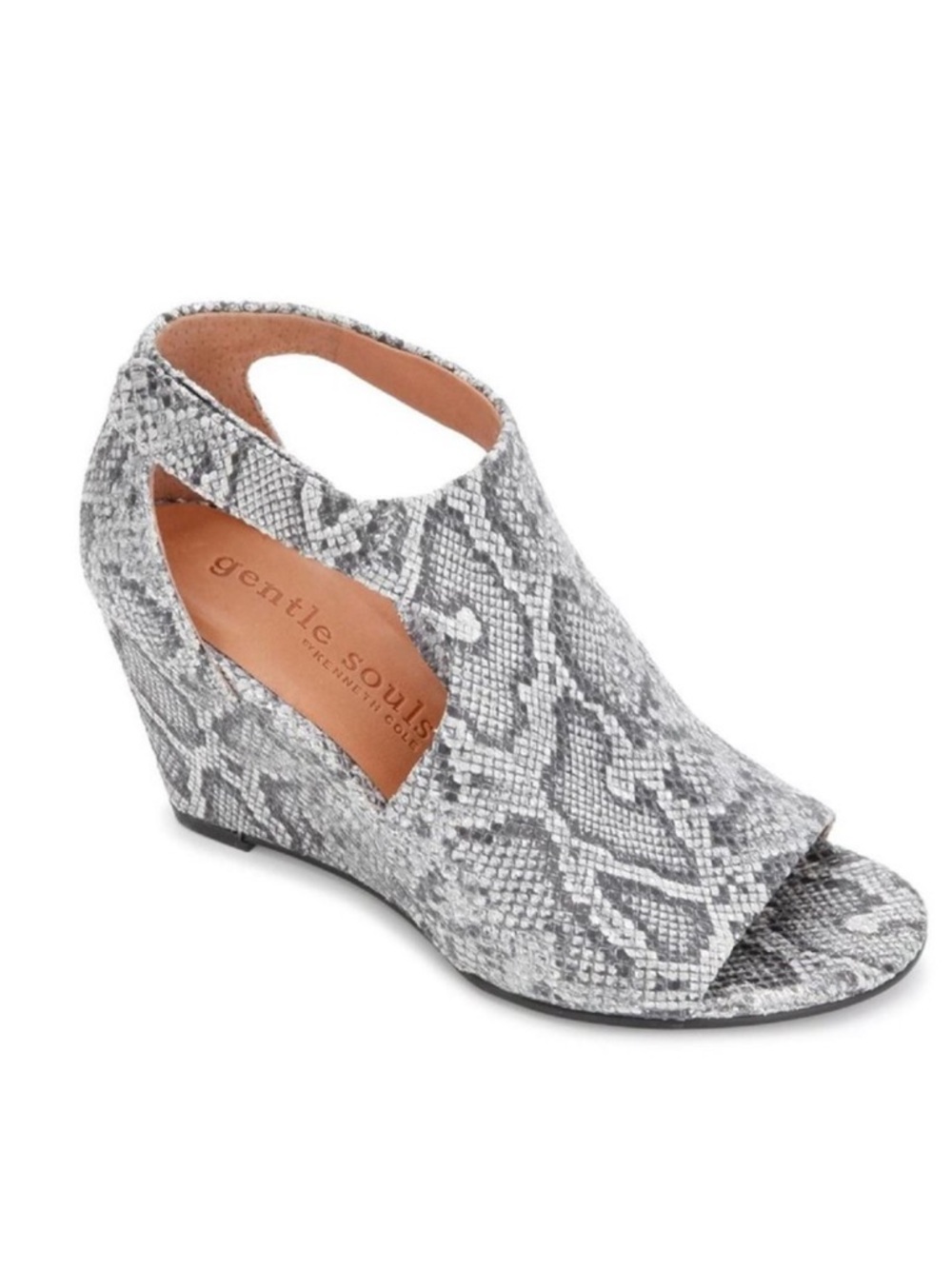 Gentle Soul Lunette Wedge Peep-Toe Sandals in Silver Snake Print